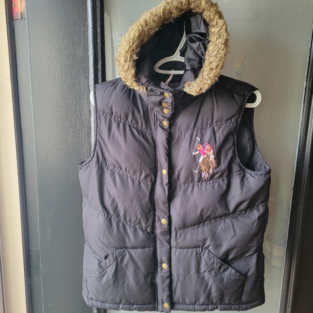 U.S. Polo Assn. Black Puffer Women's Vest L Quilted Pockets Zipper Snap Buttons